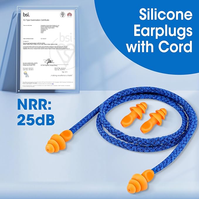 AZEN 110 Pairs Silicone Ear Plugs, Reusable Earplugs for Noise Reduction, 25dB NRR Corded Ear Plug for Sleeping Noise Cancelling, Ear Plug with String Individual Packing