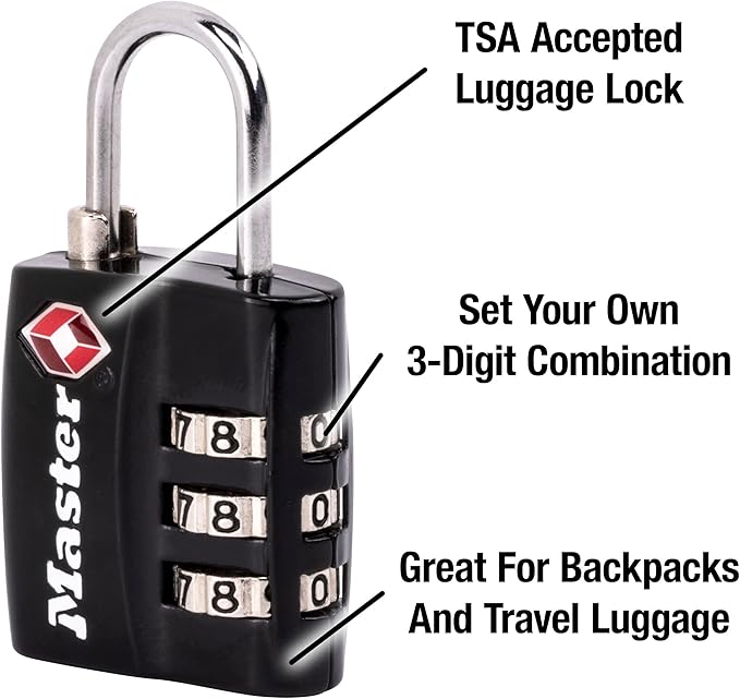Master Lock Black TSA-Approved Luggage Lock with Wide Lock Body and Thin, Durable Steel Shackle, Zipper Lock for Backpacks, Luggage, 3 pk, 4680BLKEC3
