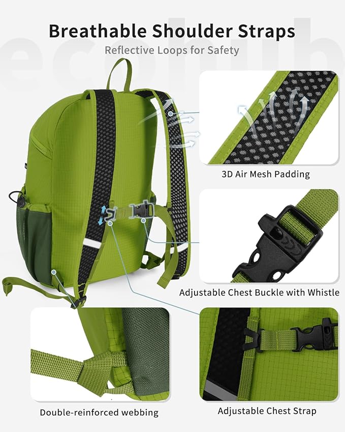 ECOHUB 15L Lightweight Casual Daypack, Packable Backpack for Daily Use, Hiking & Travel, Foldable Small Backpack with Stretch Mesh Pockets, Water-Resistant Nylon, Reflective Design