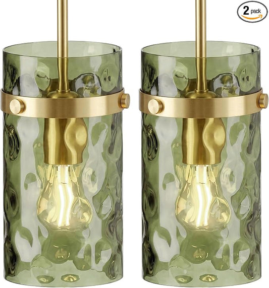 Modern Olive Green Wavy Glass Pendant Light 2 Pack - Adjustable E26 Hanging Lamp for Kitchen Island & Dining Room