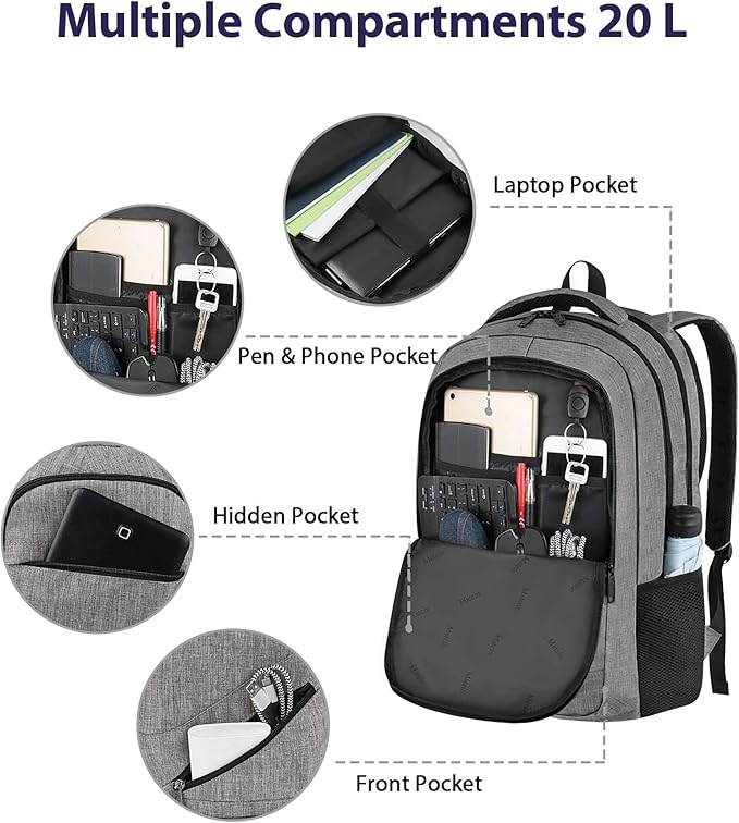 MATEIN Laptop Backpack 15.6 Inch, 20 L Personal Item Bag Airport Approved, Water Resistant Work Commute Computer Backpack with TSA Laptop Compartment, Gifts for Women Men, Grey