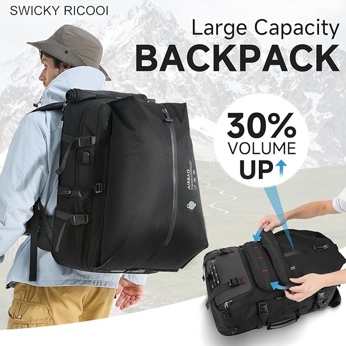 SWICKY Travel Backpack with Vacuum Air Bag, 60L Expandable Large Capacity Vacuum Seal Backpack for 17 Inch Laptop, Water Resistant,One Week Business Travel - Pressing by Hand
