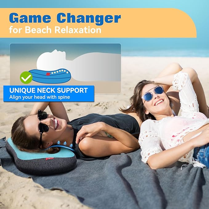 Hikenture Beach Pillow for Sand, Washable Inflatable Pillows for Pool, Portable Camping Pillows with Removable Cover, Soft Air Sand Pillow Built-in Sandbag (1)