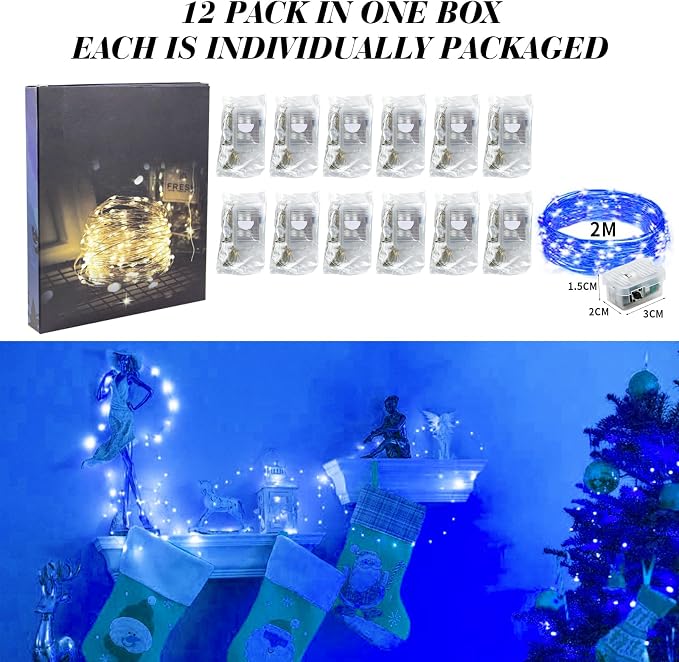 ZGWJ 12 Pack Fairy Lights, Mini String Lights Blue and White | Battery Operated 7 FT 20 LED Waterproof 3 Modes for DIY, Parties, Wedding, Halloween, Christmas Decoration