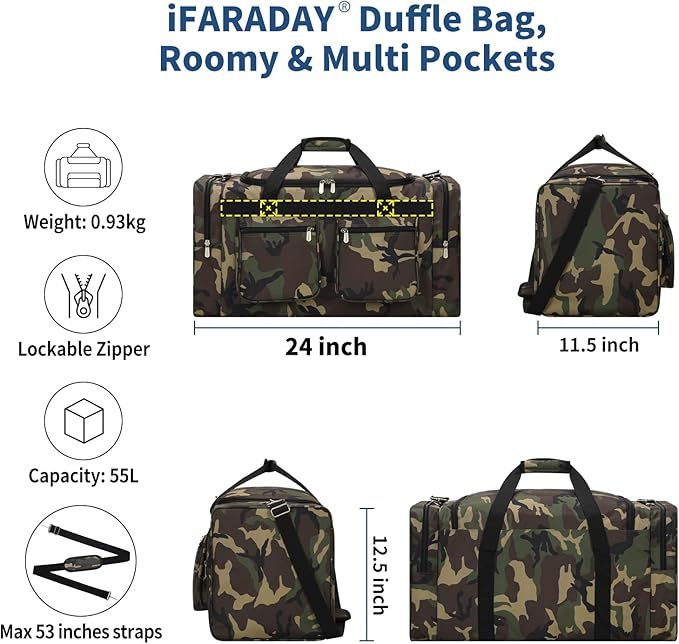 55L Duffle Bag for Travel - 24 inch Heavy Duty Duffel Bag with Multi Pockets for Overnight Weekend Gym Sports Camping(Camo)