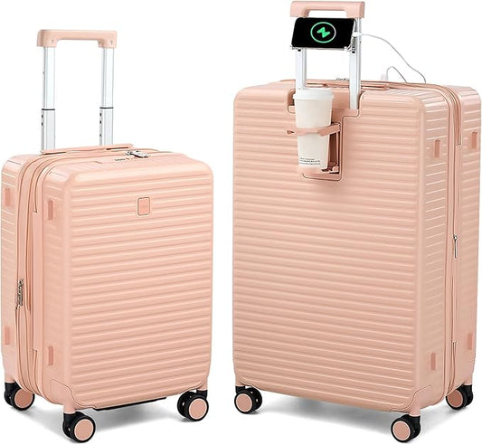 HanTrip Hard Shell Suitcases Expandable Travel Luggage Sets 2 Piece, Carry on and Check in Luggage Lightweight Suitcase Set 2 Piece with Wheels Cup Holder Charger Built in (Pink, 20/28)