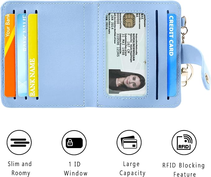 Airkit Small Wallets Woman RFID Blocking Leather Credit Card Holder - with ID Window - Card Wallets for Women - with Zipper Coin Purse - Keychain Wallet