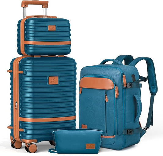 Joyway Expandable Carry on Luggage Sets Airline Approved, Lightweight Hard Shell 20 Inch Carry-on Suitcase with Spinner Wheels, Blue Brown