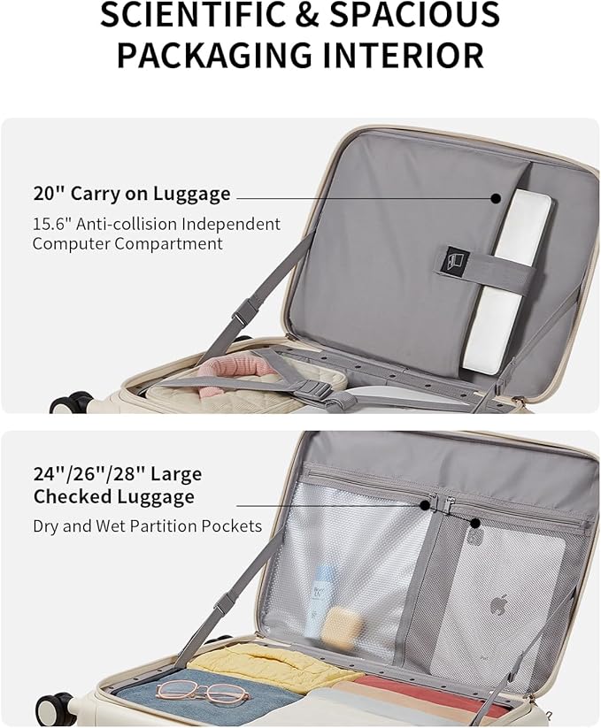 aji Expandable Top Opening 28 Inch Checked Luggage with Spinner Wheels, Large Suitcase with TSA Lock, Hard Shell Travel luggage Suitcases for Men Women, for 25+Days Travel, Coconut White