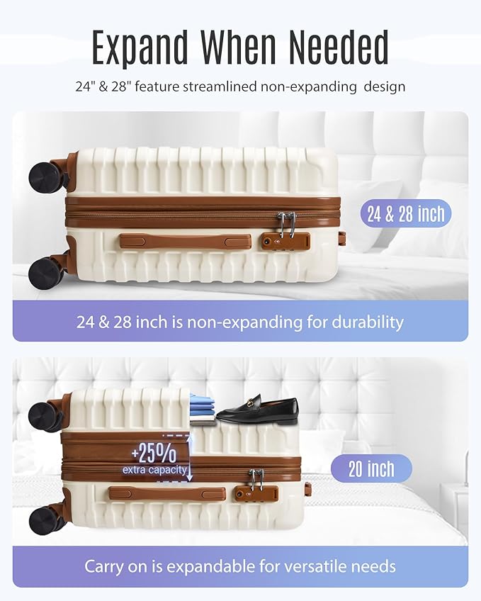 LIGHT FLIGHT Luggage Sets, 3 Piece Durable Suitcase Set with Spinner Wheels, 3 Pcs Hardside Lightweight luggage with TSA Lock, Large Checked Travel Suitcases, 20/24/28 Inch,White
