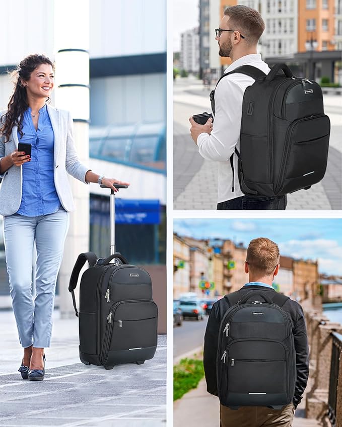 Ponhog Rolling Backpack, 30L Travel Laptop Backpack with Wheels, 15.6 Inch Roller Carry on Luggage with USB Charging Port, Flight Approved Personal Item Wheeled Suitcase for Men Women Adults, Black