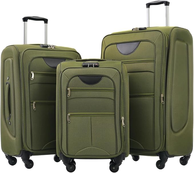 Softside Luggage Sets 3 Piece - 20" Carry-On, 24” & 28” Checked Luggage Set, Expandable Luggage Lightweight Suitcase with Spinner Wheels & TSA Lock for Family Extended Travel (Army Green)
