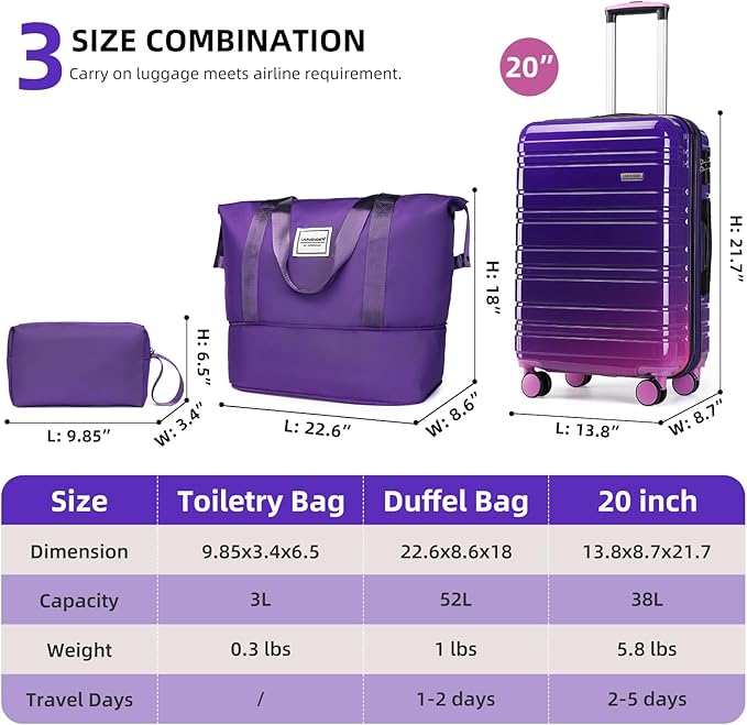 LARVENDER Luggage Sets 3 Piece, 20 Inch Carry on Luggage 22x14x9 Airline Approved Hardside PC+ABS Suitcase Set with Spinner Wheels TSA Lock, Lightweight Luggage Set for Women, Midnight Berry