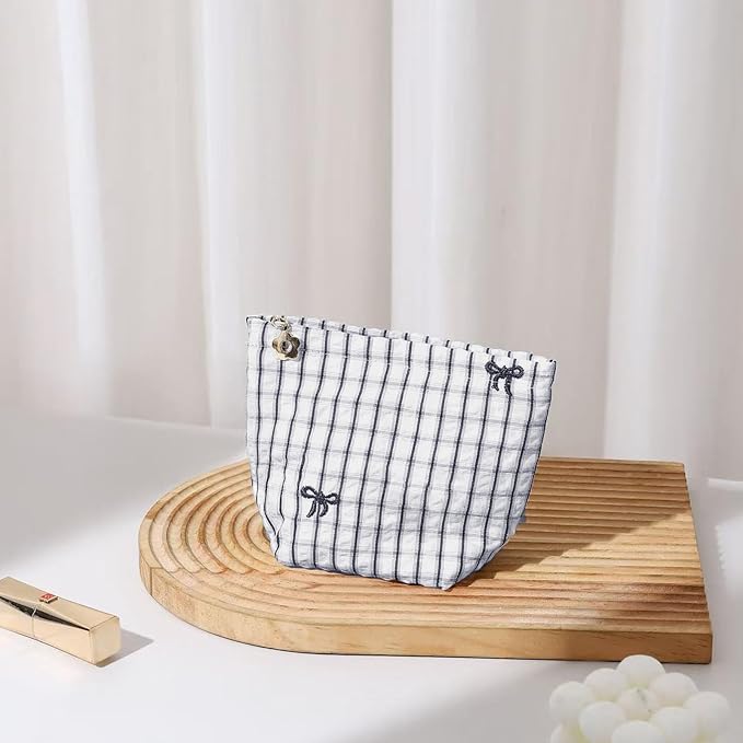 HAPPYHEIDI Makeup Bag Set for Organizing and Traveling, White Checkered Nylon Pouch, Plaid, Zipper Closure, Large 10.2x7.8 Inches
