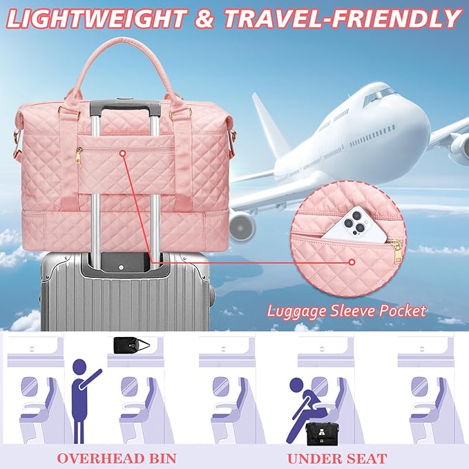 Gifts for Women Girls Initial Travel Duffle Bag Quilted Weekender Carry-On Overnight with Cosmetic Bag, Gym Bag with Shoe Compartment Hospital Bag for Labor Delivery, Pink C