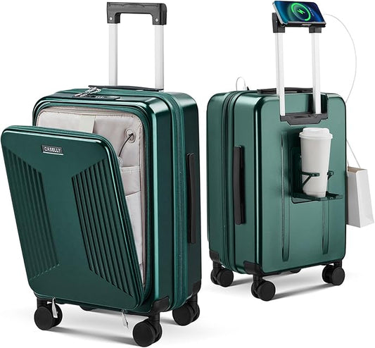 Carry on Luggage Top opening Suitcases, Expandable with Cup Holder and USB Charging Port,Lightweight with Front Pocket Rolling Suitcases with Spinner Wheels