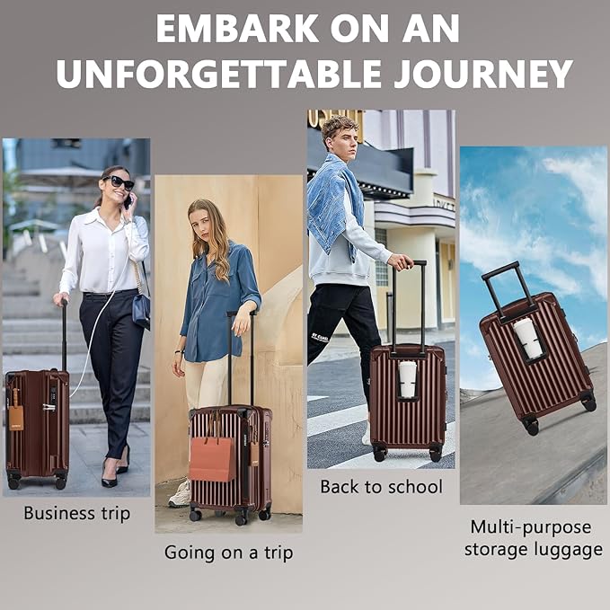 Joyway 20in Carry On Luggage with Cup Holder and USB Port, 25% Expandable Capacity, Smart Suitcase Set with Anti Slip Wheels and Handbag, Perfect for Men and Women (Coffee, Carry-On 20-Inch Handbag)