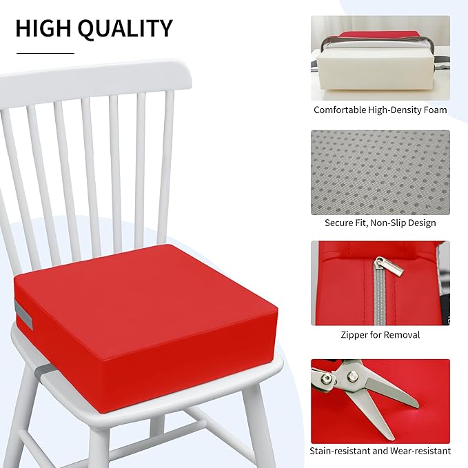 Toddler Booster Seat Dining Table Kitchen Chair, Waterproof Anti-Scratch PU Cushion, Non-Slip Bottom, Adjustable Buckle Straps, Easy Clean Portable Seat Cushion (Red)