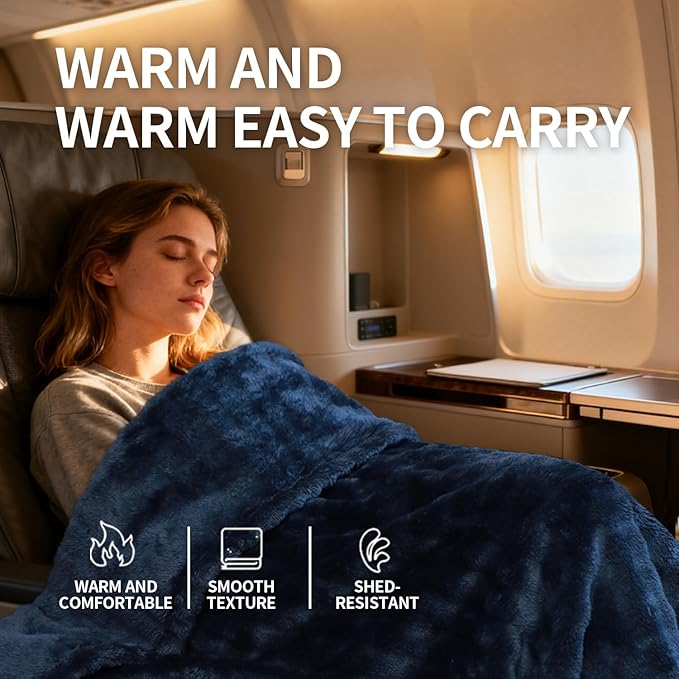 Travel Blanket and Pillow-2-in-1, Ultra-Soft&Compact,Airplane Blanket with Hand Luggage Belt and Backpack Clip,Travelers Accessories Gifts, 61x43 Inches（Navy）
