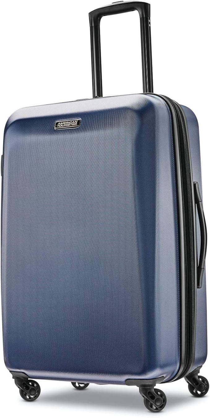 American Tourister Moonlight Hardside Expandable Luggage with Spinner Wheels, Navy, Checked-Medium 24-Inch