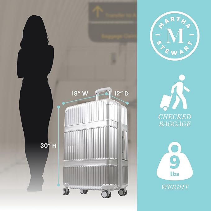 Martha Stewart The Bedford 30 Inch Rolling Luggage, Hardshell Suitcase with Spinner Wheels, Silver