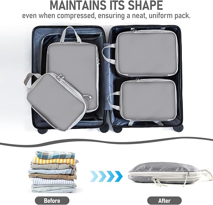 6 Set Compression Packing Cubes, Suitcase Organizer, Lightweight Travel Essentials, Compression Bags For Travel Accessories Luggage Storage Set (6Pcs, Gray)