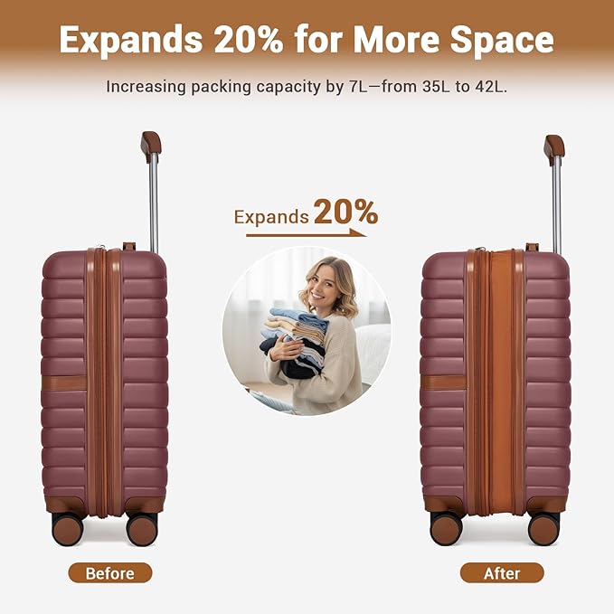 Kono Expandable Carry On Luggage 22x14x9 Airline Approved with Spinner Wheels, 20 Inch Durable & Impact-Resistant PC+ABS Hardshell Rolling Suitcase Travel Luggage with Lock, Burgundy/Brown