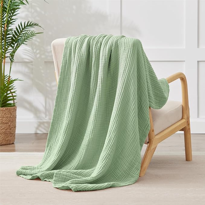 100% Cotton Muslin Blanket Twin XL 66" x 90", 6 Layers Cooling and Soft Twin Blankets for Bed, Lightweight Boho Coverlet Bedspread, Gauze Bedding for All Season, Sage Green