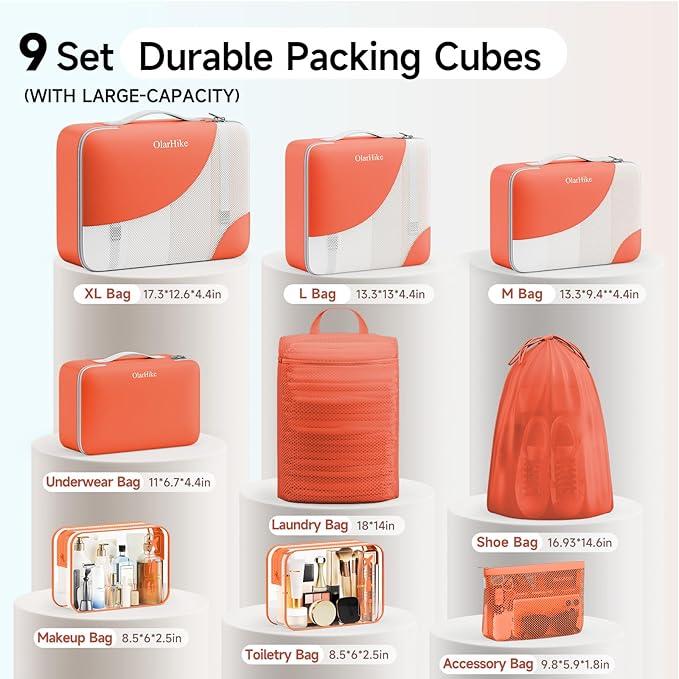 11 Set / 9 Set Packing Cubes for Travel,Gifts for Women Mom Kids,TSA Approved Bags for Makeup, Cosmetic, Toiletry, Organizers for Suitcase Carry On, Cruise Essentials Airplane Accessories,Orange