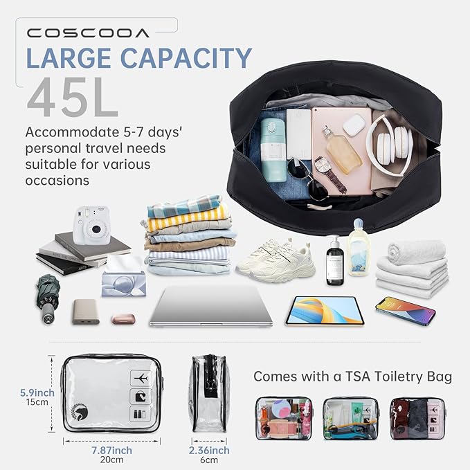 Carry On Luggage 22x14x9 Airline Approved,Lightweight Duffle Bag for Travel, Waterproof Weekender Overnight Bags for Traveling Airplane for Women and Men 40L