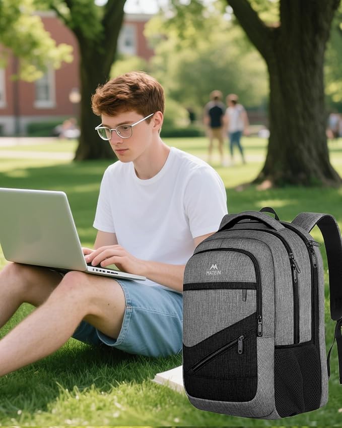 MATEIN 17 Inch Work Backpack for Men Women, Water Resistant Practical Travel Laptop Backpack with Anti Theft Pocket, Casual College Daypack Laptop Compartment TSA Friendly, Grey Black