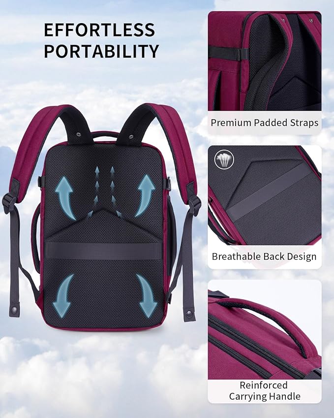 ECOHUB 17" Small Travel Backpack, United Airlines Personal Item Bag 17x10x9 with 16 Pockets, Water Resistant Rucksacks Fit 15.6" Laptop, AirTag Pocket, Lightweight Casual Daypack, 25L, Red