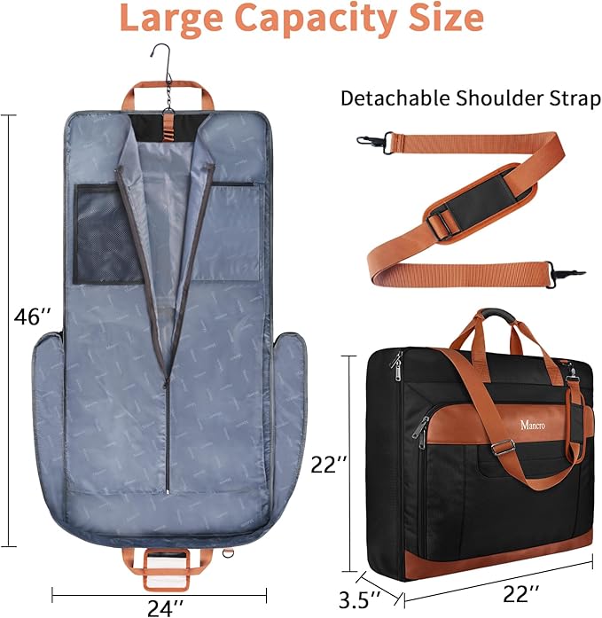 Mancro Carry On Garment Bags for Travel, Garment Convertible Weekender Bag for Wrinkle-Free, Hanging Travel Suit Bags with Shoulder Strap, Waterproof Suitcase Luggage Bag for Men Women, Black