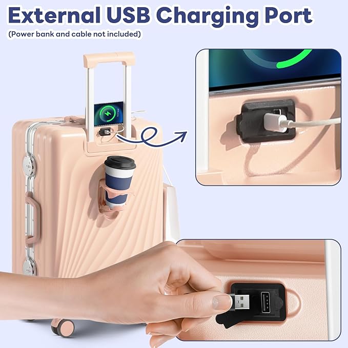 20 Inch Carry On Luggage, Zipperless Luggage with Spinner Wheels, Airline Approved Suitcase with Cup Holder, TSA Lock and USB Charger for Travel, Light Pink