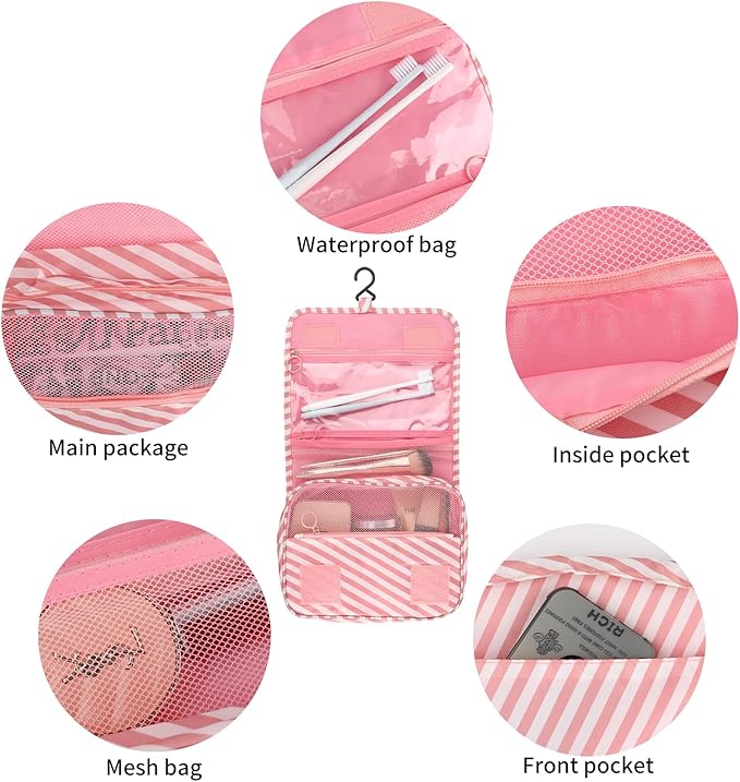 Foldable Hanging Travel Toiletry Bag,Waterproof Portable Travel Bags, Multifunction Travel Makeup Cosmetic Bag Organizer with Hanging Hook (Pink Stripe)