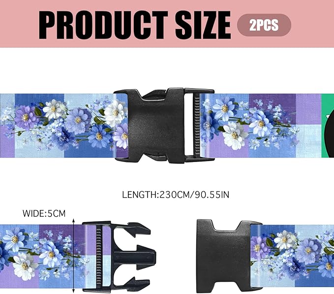 Nuxovilar Luggage Straps of 2 Set Blue & Purple Flowers Pattern, 1.96x90.5 inches - Luggage Straps for Suitcases, Nice for Travel, Weekend Trips, Vacations