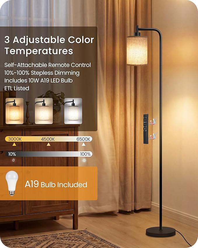 2Pack Dimmable Floor Lamp for Living Room with Remote and Foot Switch, Modern Standing, Corner Lamp,10W Bulb 3 Color Temperatures, for Bedroom, Office, ETL Listed, Black and Beige E19LDP205