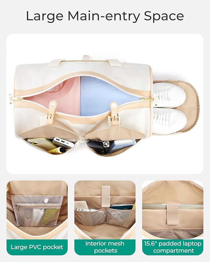 BAGSMART Duffel Bag for Women, Vintage Weekender Bags for Women, Overnight Gym Carry on Personal item for Travel, Beige