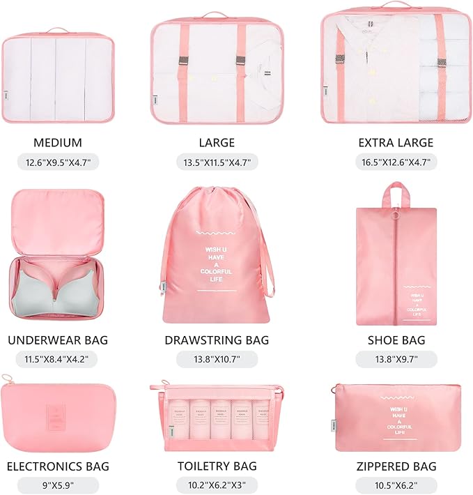 Mossio 9 Set Packing Cubes with Shoe Bag & Electronics Bag - Luggage Organizers Suitcase Travel Accessories
