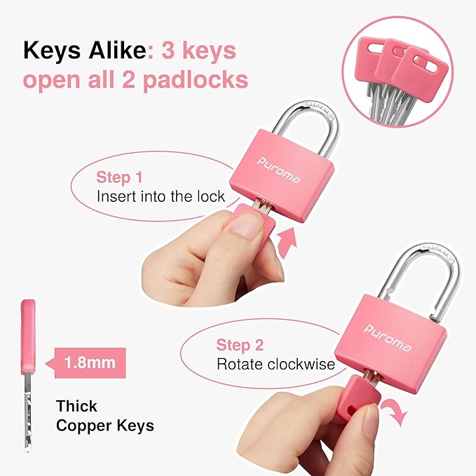 Puroma Lock Keyed Padlock, 2 Pack Aluminum Locks with 3 Keys Alike, 7/8 Inch Locker Lock 43mm Small Padlocks for Gate, Fence, Shed, Toolbox, School Gym Locker (Pink)
