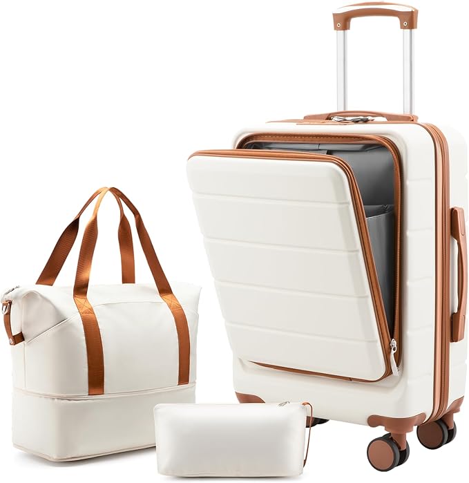 Carry On Luggage 22x14x9 Airline Approved, 20" Hardside Suitcase with Front Pocket for Laptop, Lightweight Spinner Luggage with TSA Lock & Matching Tote Bag (3 Piece Sets, White)