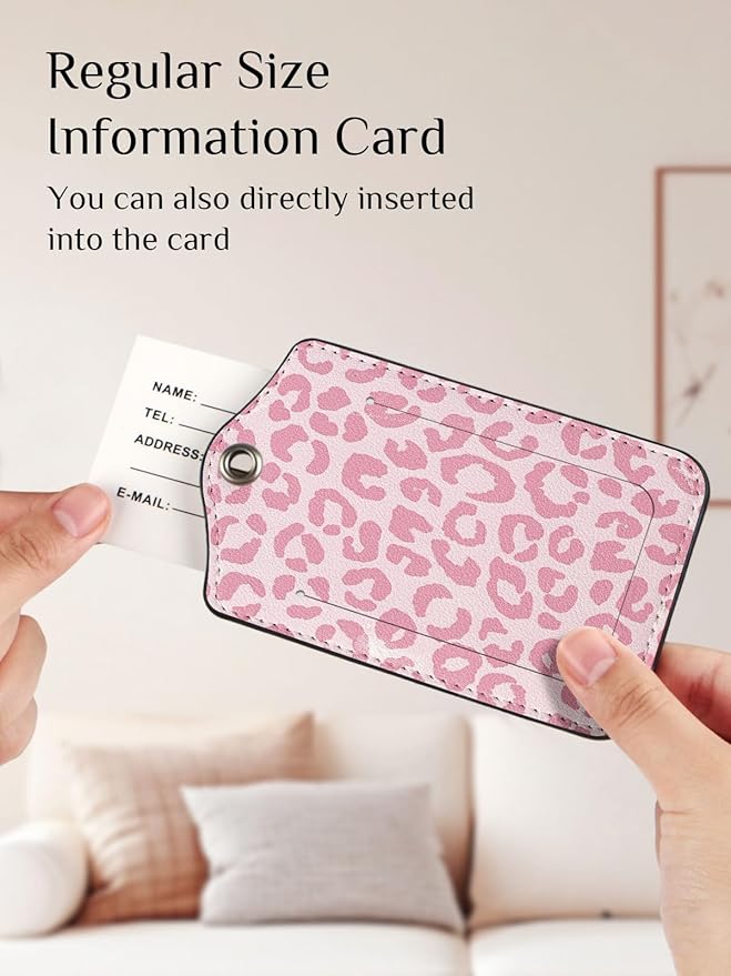 Seorsok 2 PCS Luggage Travel Tags for Suitcases,Cute Pink Leopard PU Leather Name Tag with Privacy Cover&ID Label Address Card and Durable Metal Ring Suitable for Men Women Handbags Backpack,Pink