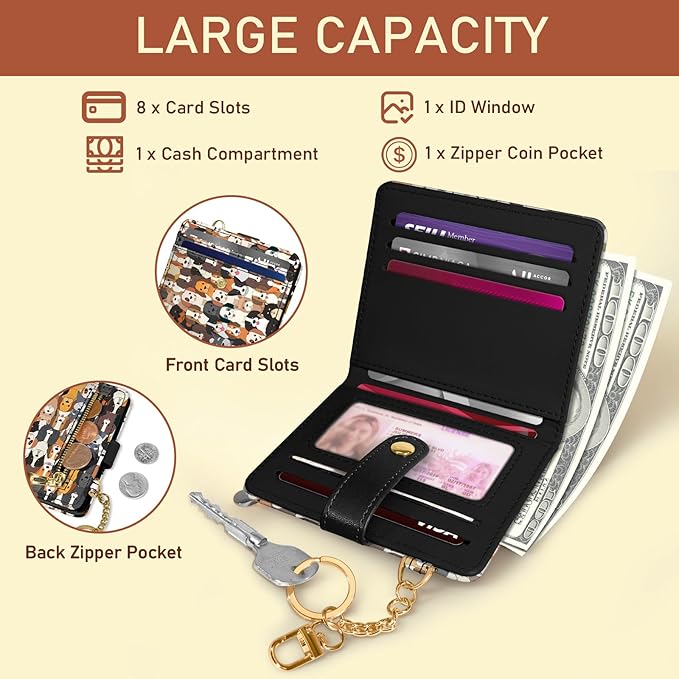 Jogjam Dogs Rfid Women Wallet, Small Slim Thin Credit Card Wallet, PU Leather Bifold Cash Zipper Coin Pocket ID Window for Female Ladies Teen Girls Girly