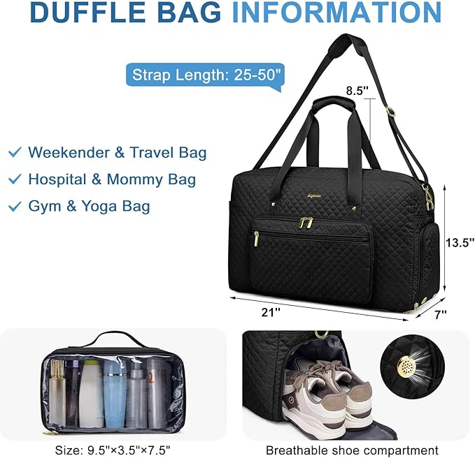 Large Weekender Travel Duffle Bag - With Shoe Compartment Weekender Bags for Womens Carry on Overnight Bag with Toiletry Bag Gym Duffel Bags with Wet Pocket Hospital Bags for Women Labor and Delivery
