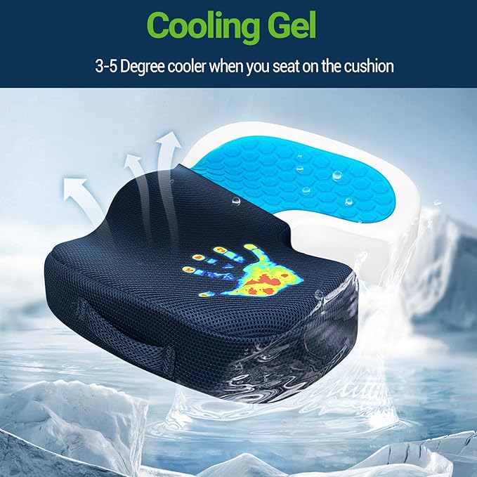 Season Guard Tailbone Pain Relief Office Chair Seat Cushion, Memory Foam Gel Seat Cushion for Sciatica Pain Relief with Washable Cover, Butt Cushion for Long Sitting, Mesh, Blue
