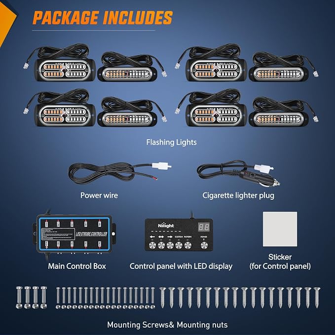 Nilight 8PCS Led Strobe Lights with Controller 12V 24V Sync Amber Green | 12 24 LED Surface Mount Emergency Hazard Warning for Vehicle Car Truck RV ATV