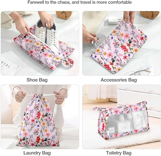8 Set Packing Cubes for Suitcases, Packing Cube with Shoe, Cosmetics, Clothing, and Accessories Bags for Travel Luggage Organizer Women Men(Retro Flowers)