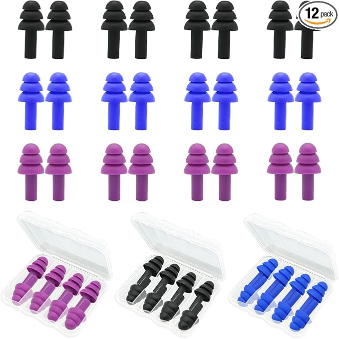 Ear Plugs for Sleeping,12 Pair Earplugs Noise Canceling Soft Silicone Ear Plug Reusable Earplugs for Sleep,Concert,Swimming,Study,Loud Noise,Snoring(Black Blue Purple)