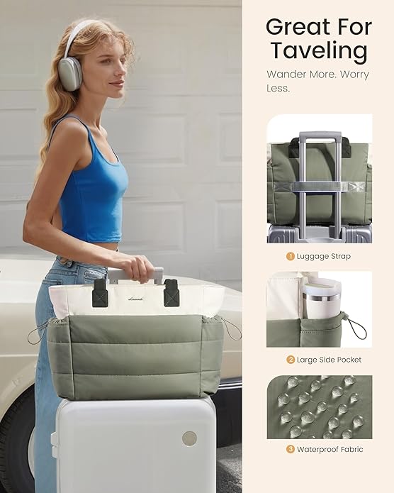 LOVEVOOK Tote Bag for Women with Giant Tumbler Holder Pocket, Puffer Work Travel Laptop Handbag with Zipper for Nurse Teacher