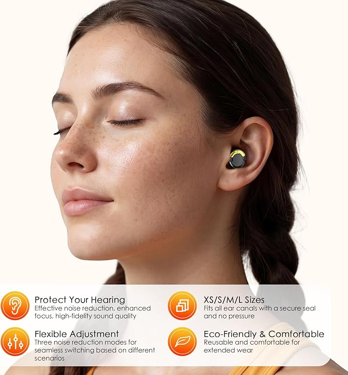 Adjustable Ear Plugs - 3 Noise Cancelling Modes for Work, Travel, Concerts & More, Reusable Hearing Protection with 4 Sizes (XS/S/M/L), Comfortable Ear Plugs for Noise Reduction, Black Gold